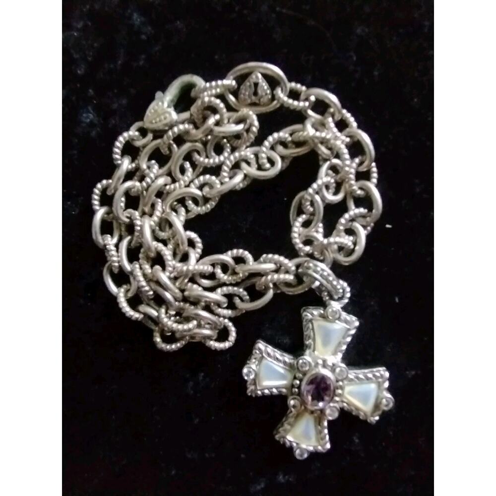 JUDITH RIPKA Sterling 925 Amethyst & CZ Maltese Cross Pendant & Chain Necklace